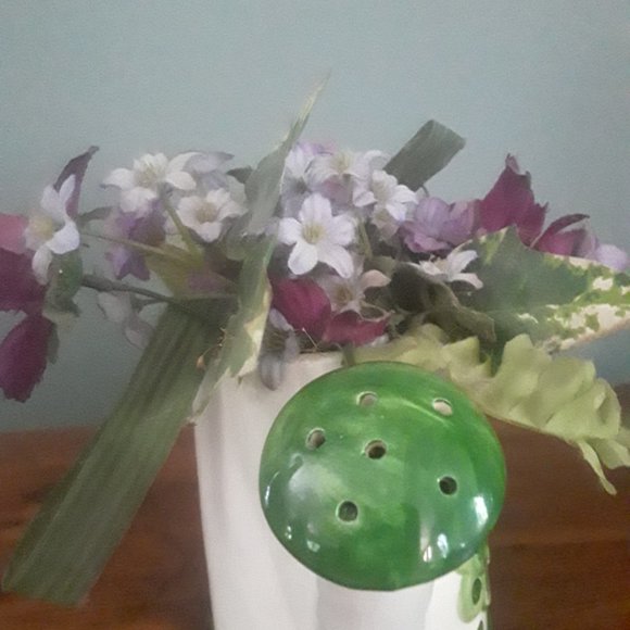 Vintage Ceramic Watering Can Planter with Raised Floral Motif and Silk Flowers - Picture 2 of 6